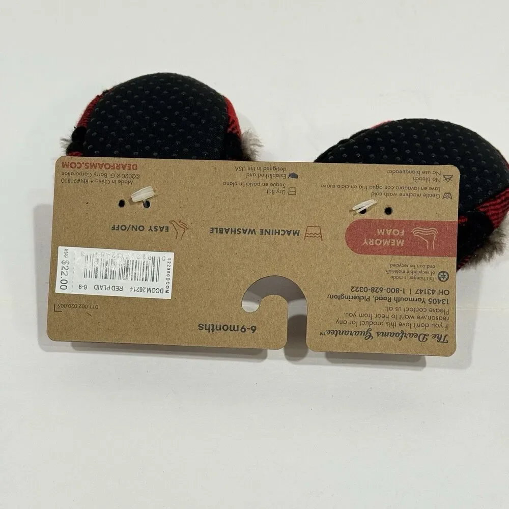 Dearfoams Unisex Kids' Slippers Baby Size 6/9 Months, Red Black Plaid NEW